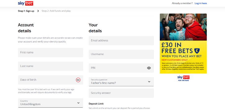 Sky Bet Registration
Head to SkyBet.com and Click the ‘Join’ Button