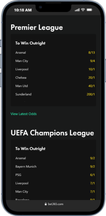 Betting on Football at bet365
premier league 
UEFA champions league