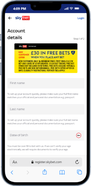 Sky Bet registration Process Account details