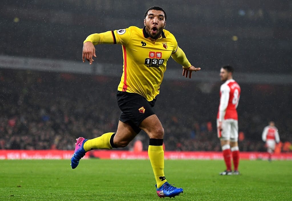 Troy Deeney celebrates after scoring for Watford against Arsenal