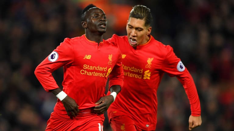 Sadio Mane celebrates for Liverpool after scoring against Tottenham Hotspur in the Premier League