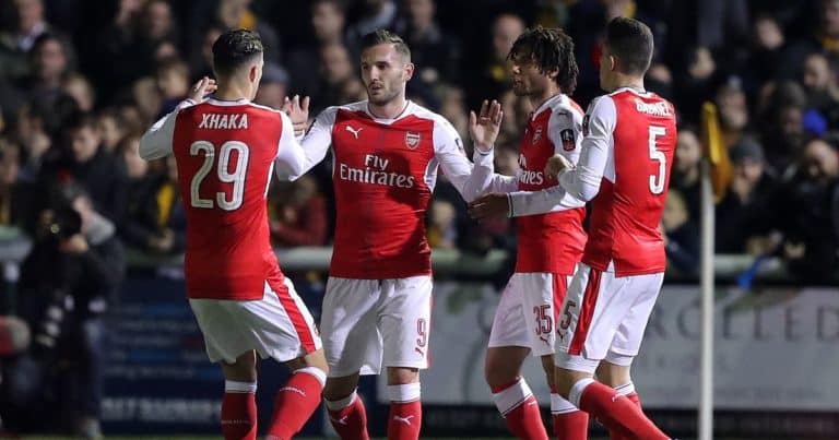 Lucas Perez of Arsenal celebrates scoring against Sutton United