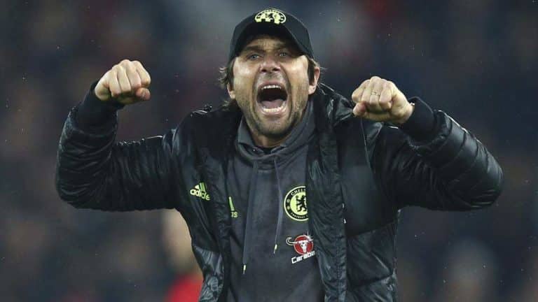 Antonio Conte celebrates a Chelsea goal against Jose Mourinho's Manchester United
