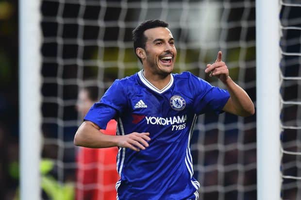 Pedro celebrates scoring for Chelsea