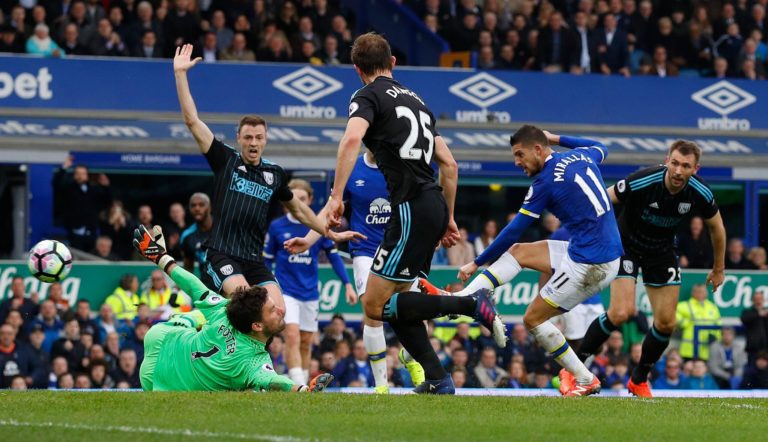 Kevin Mirallas scores the opening goal for Everton against WBA