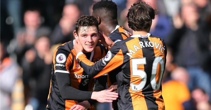 Andrew Robertson celebrates scoring for Hull City in a crunch game at the bottom of Premier League against West Ham