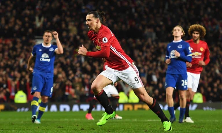 Zlatan Ibrahimovic scores a late penalty for Manchester United against Everton