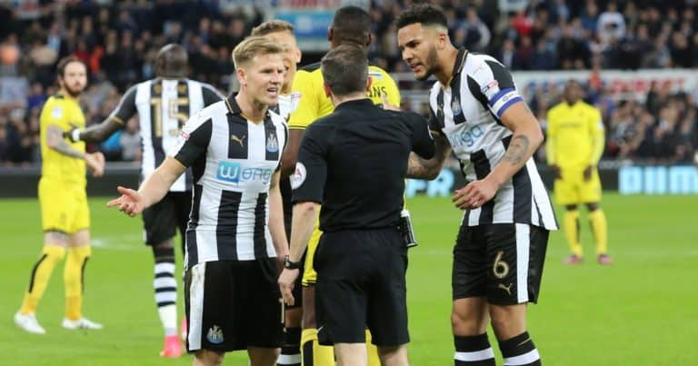Matt Ritchie protests after Keith Stroud disallowed his penalty for Newcastle