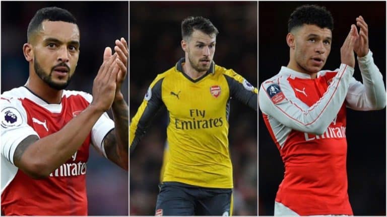 Arsenal midfielders Theo Walcott, Alex Oxlade-Chamberlain and Aaron Ramsay