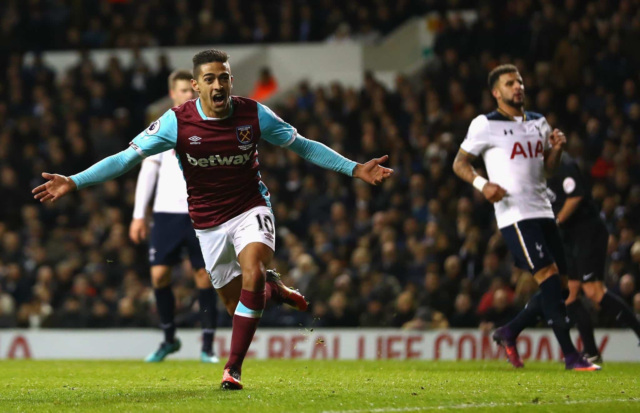 Manuel Lanzini celebrates scoring for West Ham against Tottenham