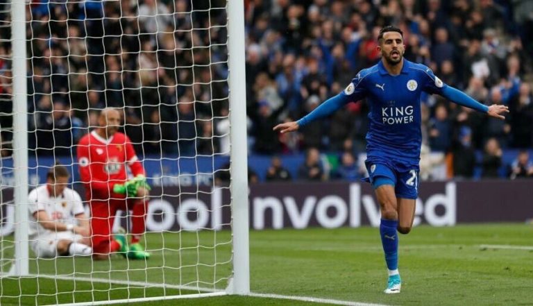 Riyad Mahrez celebrates scoring against Watford