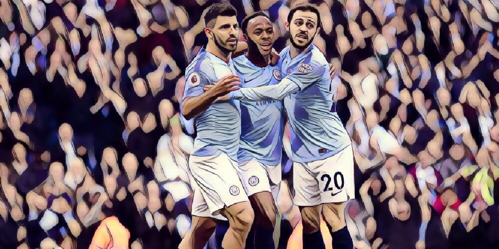 Sergio Aguero, Raheem Sterling and Bernardo Silva celebrate a Man City goal