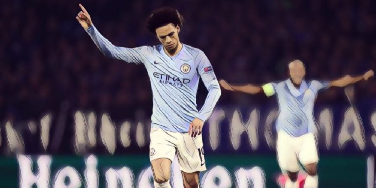 Sane celebrates his stunning freelick for Man City against Schalke