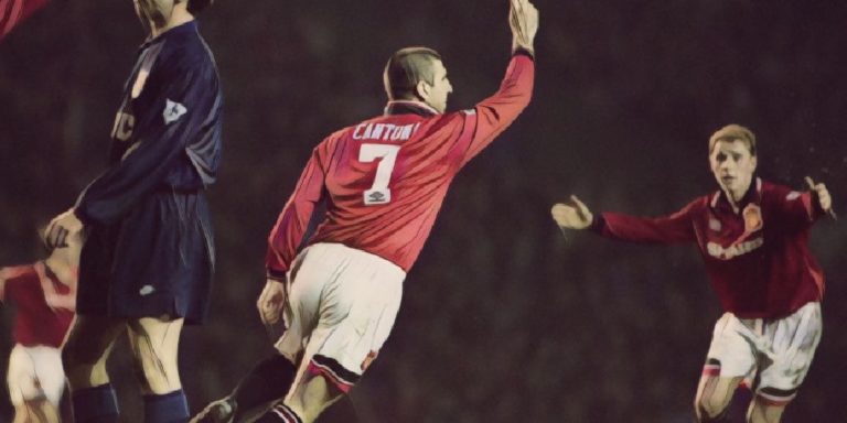 Eric Cantona celebrates a goal for Manchester United
