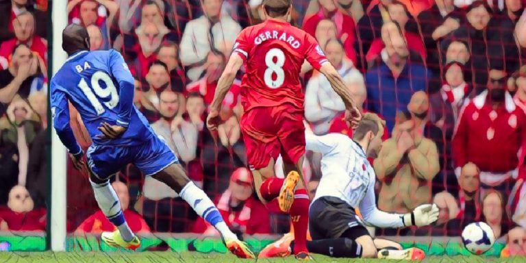 Demba Ba nets for Chelsea against Liverpool following a Steven Gerrard slip