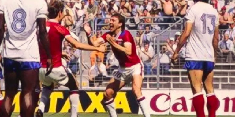 Bryan Robson celebrates after scoring for England against France at the 1982 World Cup