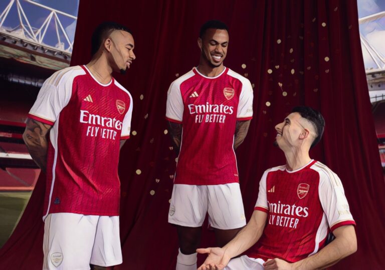Gabriel Jesus, Gabriel Magalhães and Gabriel Martinelli model the new Arsenal home kit for 2023/24