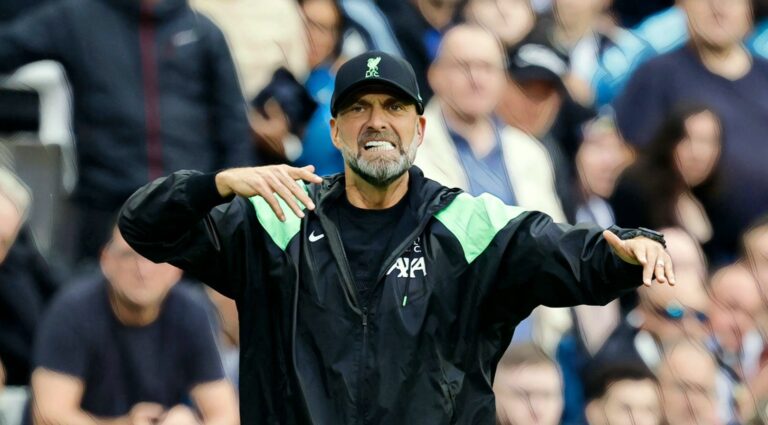 Liverpool manager Jurgen Klopp gestures to his players during the Premier League win over Newcastle United in August 2023.