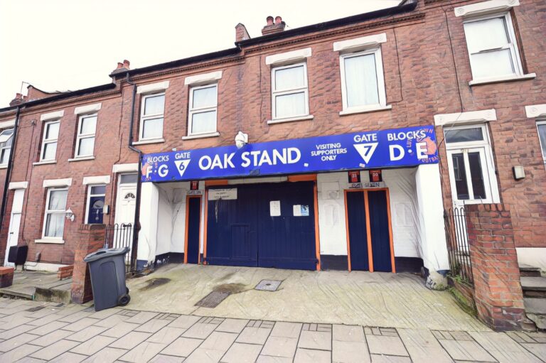 The entrance to the Oak Stand at Kenilworth Road, home of Luton Town, and the smallest stadium in Premier League history.