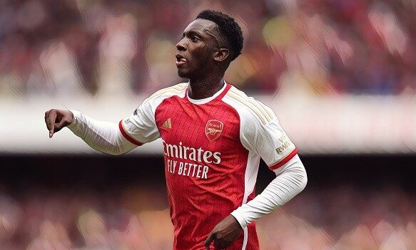 Arsenal striker Eddie Nketiah celebrates against Nottingham Forest.