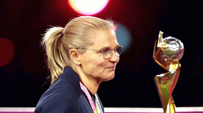 England manager Sarina Wiegman walks past the Women's World Cup trophy