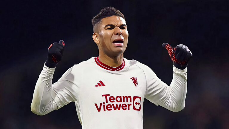 Casemiro of Manchester United reacts during the Premier League match between Burnley FC and Man Utd at Turf Moor on September 23, 2023