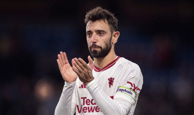 Manchester United midfielder Bruno Fernandes applauds the fans after the Premier League game against Burnley in September 2023.