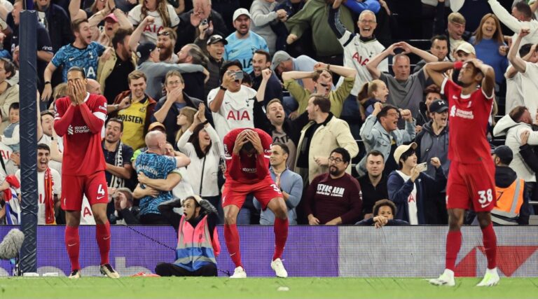 A dejected Virgil van Dijk and Ryan Gravenberch after Joel Matip of Liverpool scored an own goal in the 96th minute to make it 2-1during the Premier League match between Spurs and Liverpool FC at the Tottenham Hotspur Stadium on September 30, 2023.