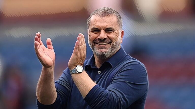 Ange Postecoglou, Manager of Tottenham Hotspur, celebrates his team's victory after the Premier League match against Burnley at Turf Moor