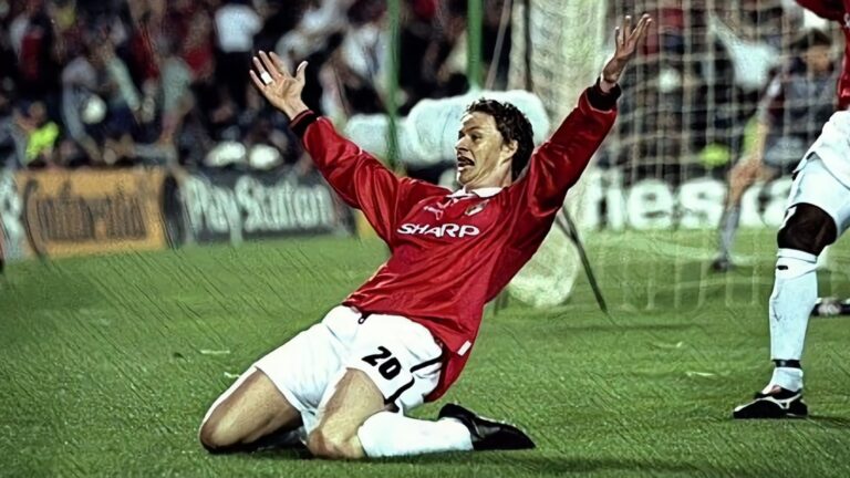Ole Gunnar Solskjaer celebrates scoring the second goal for Manchester United during the European Champions League Final against Bayern Munich in the Nou Camp.
