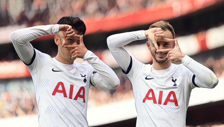Son Heung-min of Tottenham Hotspur celebrates scoring his second goal with James Maddison during the Premier League match between Arsenal FC and Spurs at Emirates Stadium on September 24, 2023