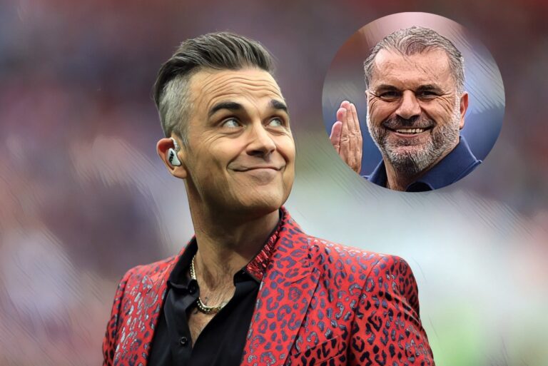 Robbie Williams and (inset) Tottenham manager Ange Postecoglou