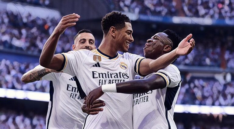 Jude Bellingham of Real Madrid celebrating his goal with his teammates during the LaLiga EA Sports match between Real Madrid CF and CA Osasuna at Santiago Bernabeu (Madrid), Spain, on October 7, 2023.