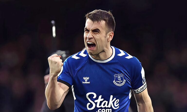 Seamus Coleman of Everton celebrates the side's victory after the Premier League match between Everton FC and Leeds United at Goodison Park on February 18, 2023 in Liverpool, England.
