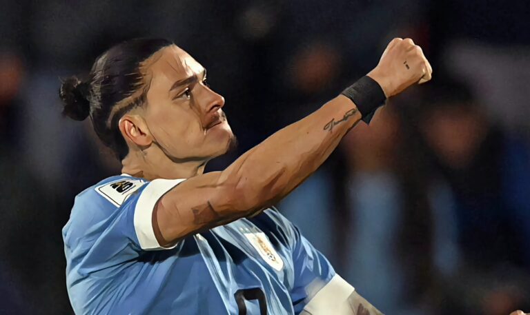 Uruguay's forward Darwin Nunez celebrates after scoring during the 2026 FIFA World Cup South American qualification football match between Uruguay and Brazil at the Centenario Stadium in Montevideo on October 17, 2023.
