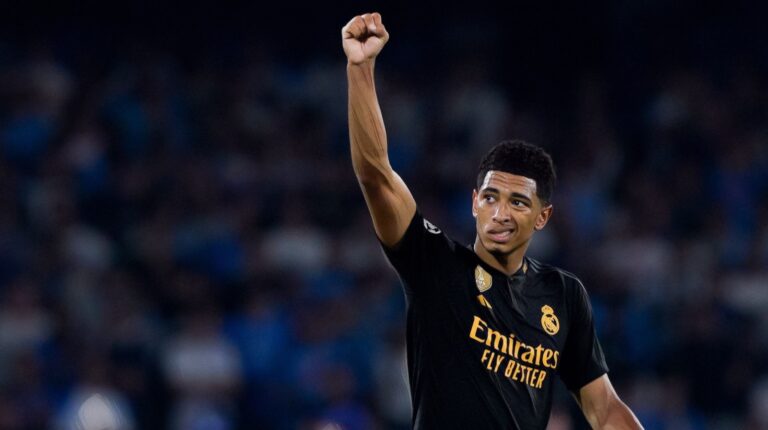Jude Bellingham of Real Madrid CF celebrates after scoring second goal during the Champions League Group C match between SSC Napoli and Real Madrid CF at Stadio Diego Armando Maradona on October 03, 2023