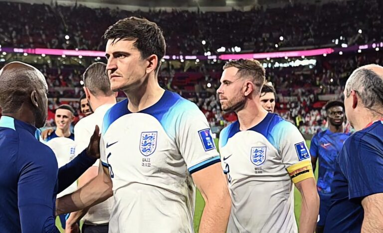Harry Maguire (L) and Jordan Henderson of England react after the 3-0 win during the FIFA World Cup Qatar 2022 Group B match between Wales and England at Ahmad Bin Ali Stadium on November 29, 2022.