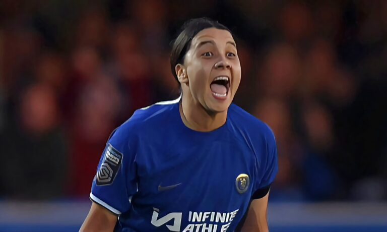 Sam Kerr of Chelsea celebrates after scoring her team's first goal during the Barclays Women´s Super League match between Chelsea FC and West Ham United at Kingsmeadow on October 14, 2023.