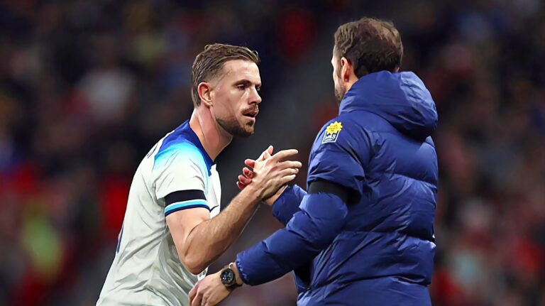 Gareth Southgate, Manager of England men's senior team, interaects with Jordan Henderson of England as he is substituted during the international friendly match between England and Australia at Wembley Stadium on October 13, 2023 in London, England.