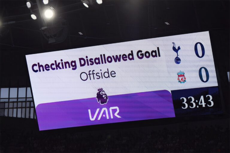 The giant screen shows a goal from Luis Diaz of Liverpool being checked for offside by VAR during the Premier League match between Spurs and Liverpool FC at Tottenham Hotspur Stadium on September 30, 2023