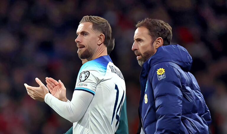 Gareth Southgate, Manager of England, and Jordan Henderson of England look on during the UEFA EURO 2024 European qualifier match between England and Italy at Wembley Stadium on October 17, 2023.