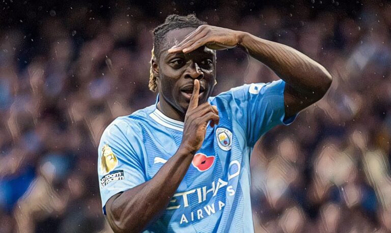 Jeremy Doku #11 of Manchester City celebrates his goal during the Premier League match between Man City and Bournemouth at the Etihad Stadium, Manchester on Saturday 4th November 2023.