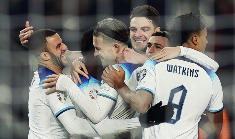 Jack Grealish of England celebrates after scoring a goal which is later disallowed by VAR for offside during the UEFA EURO 2024 European qualifier match between North Macedonia and England at National Arena Todor Proeski on November 20, 2023