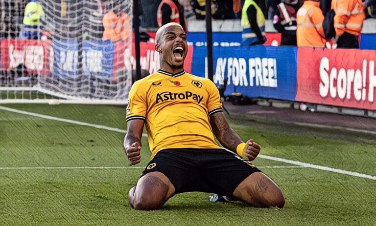 Wolverhampton Wanderers' Mario Lemina celebrates scoring his side's second and winning goal during the Premier League match between Wolves and Tottenham Hotspur at Molineux on November 11, 2023.