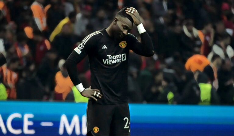 Goalkeeper Andre Onana of Manchester United is dejected after the UEFA Champions League match between Galatasaray A.S. and Man Utd at Ali Sami Yen Arena on November 29, 2023 in Istanbul, Turkey.