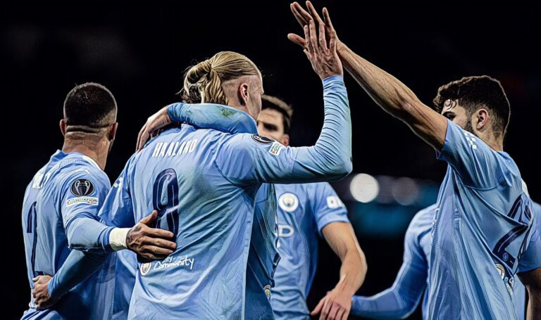 Erling Haaland of Man City celebrates his goal with teammates during the UEFA Champions League Group Stage match between Manchester City and BSC Young Boys at Etihad Stadium on November 7, 2023.
