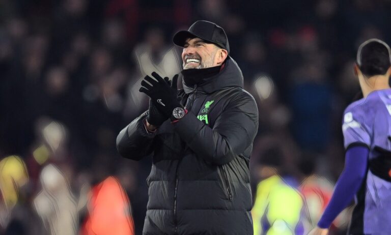 Jurgen Klopp manager of Liverpool showing his appreciation to the fans at the end of during the Premier League match between Sheffield United and Liverpool FC at Bramall Lane on December 06, 2023.
