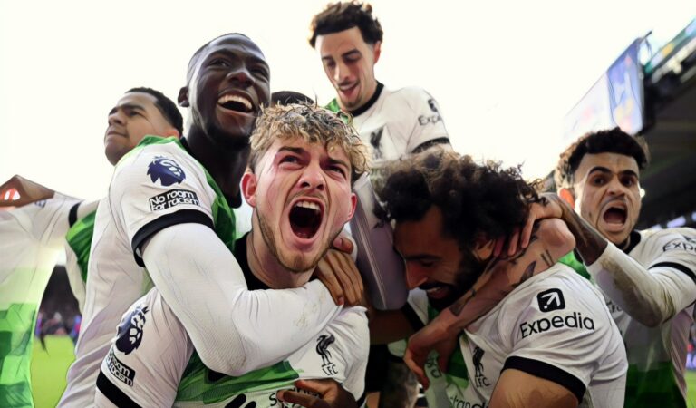 Harvey Elliott of Liverpool celebrates with team mates after scoring his team's second goal during the Premier League match between Crystal Palace and Liverpool FC at Selhurst Park on December 09, 2023.
