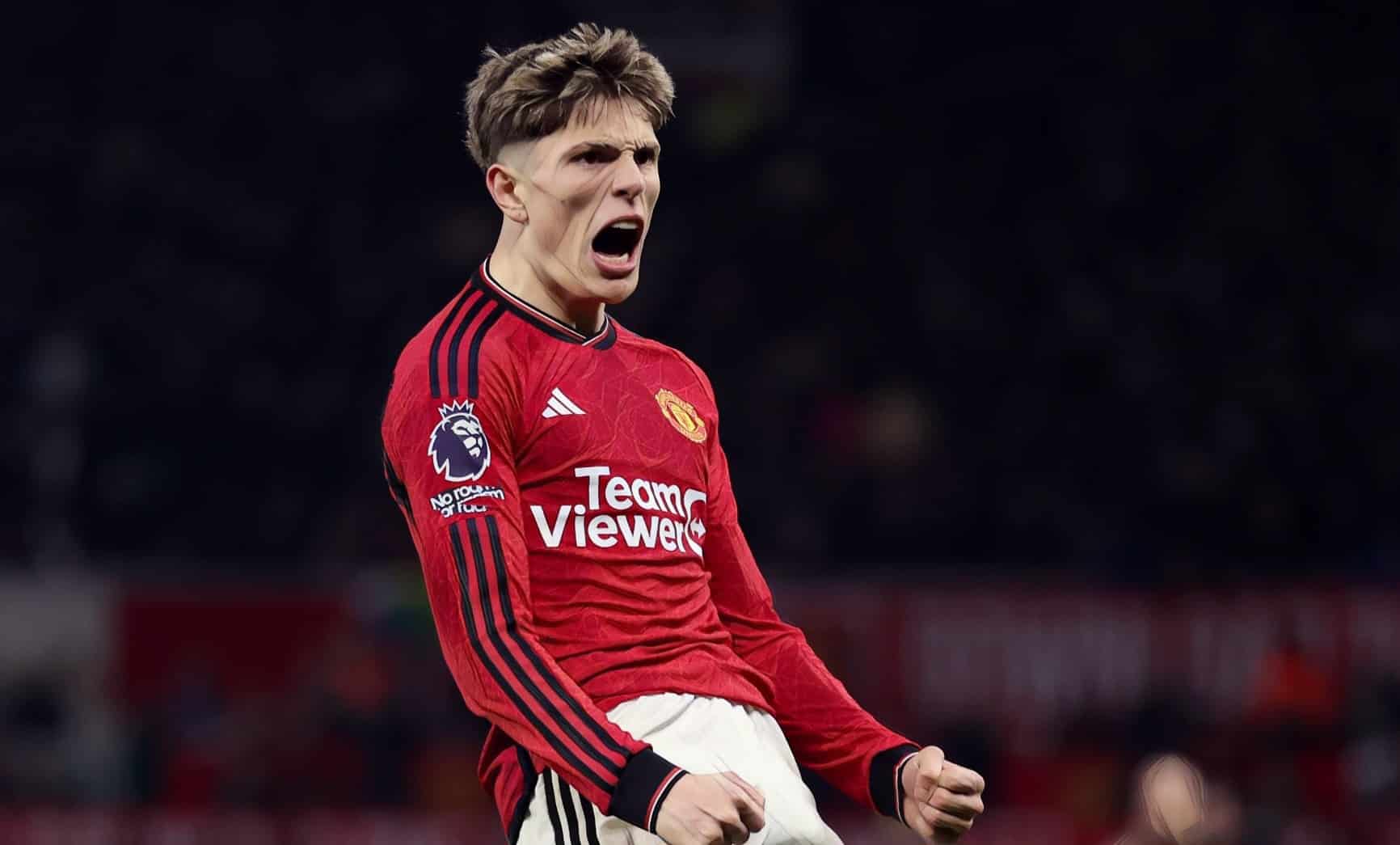 Alejandro Garnacho of Manchester United celebrates after scoring their second side goal during the Premier League match between Man Utd and Aston Villa at Old Trafford on December 26, 2023.