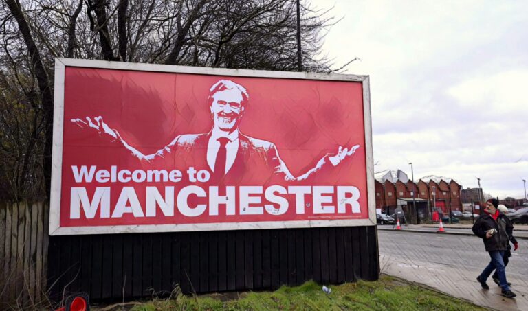 A billboard near Old Trafford shows a picture of Sir Jim Ratcliffe above the words 'Welcome To Manchester' prior to the Premier League match between Manchester United and AFC Bournemouth at Old Trafford on December 09, 2023.